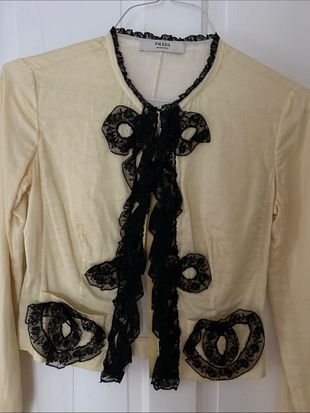 Prada Cream Jacket with Black Lace Trim and Bow - Picture 5 of 5